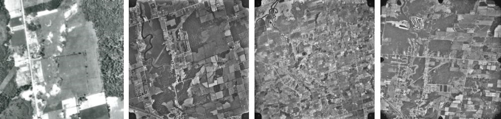 Photos aériennes de la réserve naturelle provinciale Holland Landing Prairie en 1954, 1971, 1988 et 1992.