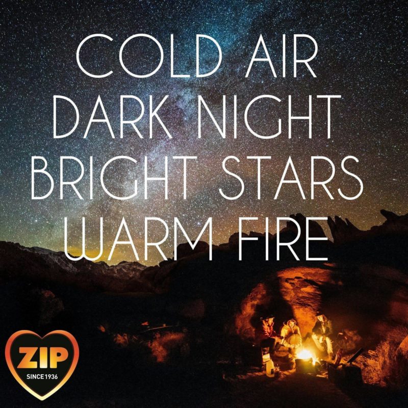 Cold air, dark night, bright stars, warm fire. Campfire under stars. ZIP logo