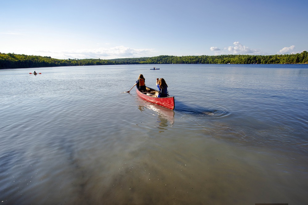 people paddling canoe on lake
