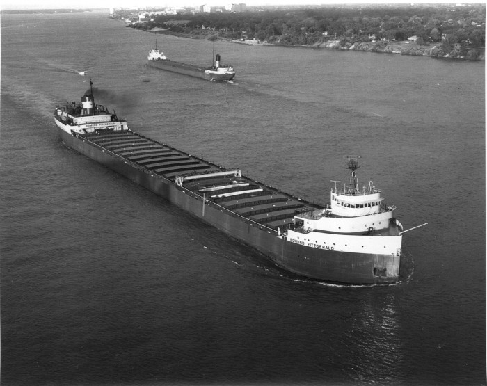 black and white photo of Edmund Fitzgerald on water