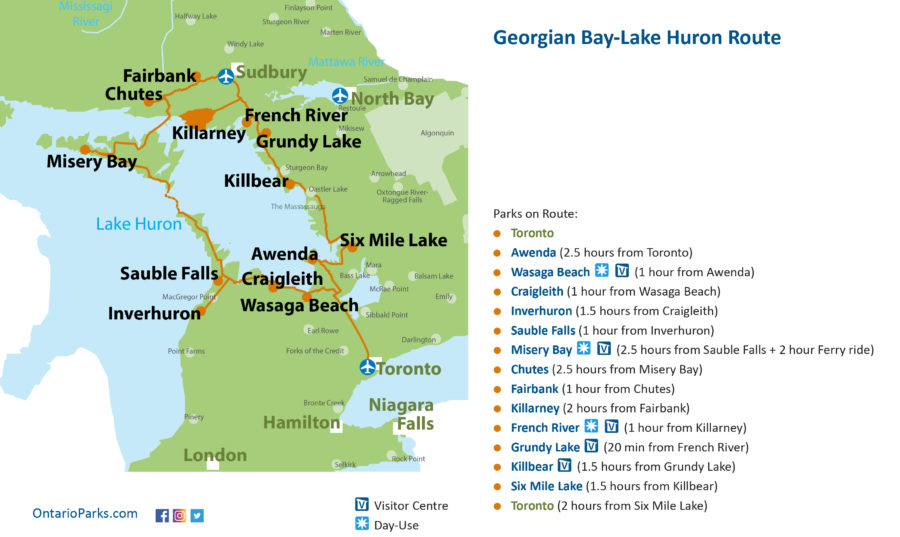 Carte de la route entre la baie Georgienne et le lac Huron 