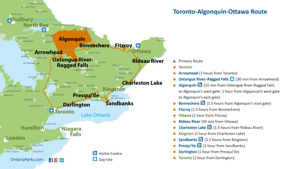 La carte de la route entre Toronto, le parc Algonquin et Ottawa