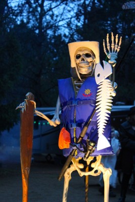Campsite with skeleton fisherman Halloween decorations