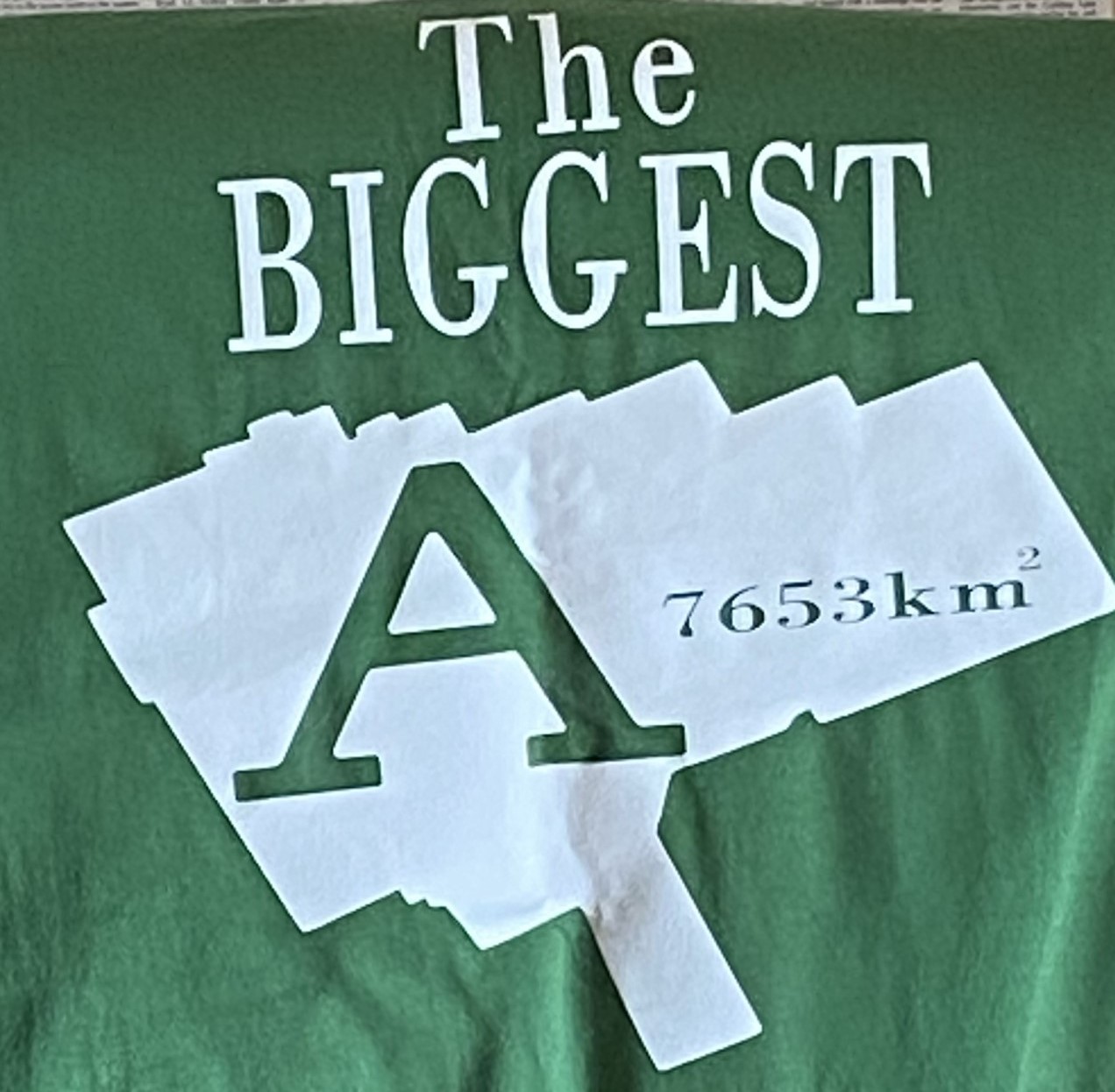 A green t-shirt with "The biggest A" and a map of Algonquin Park printed in white on it.