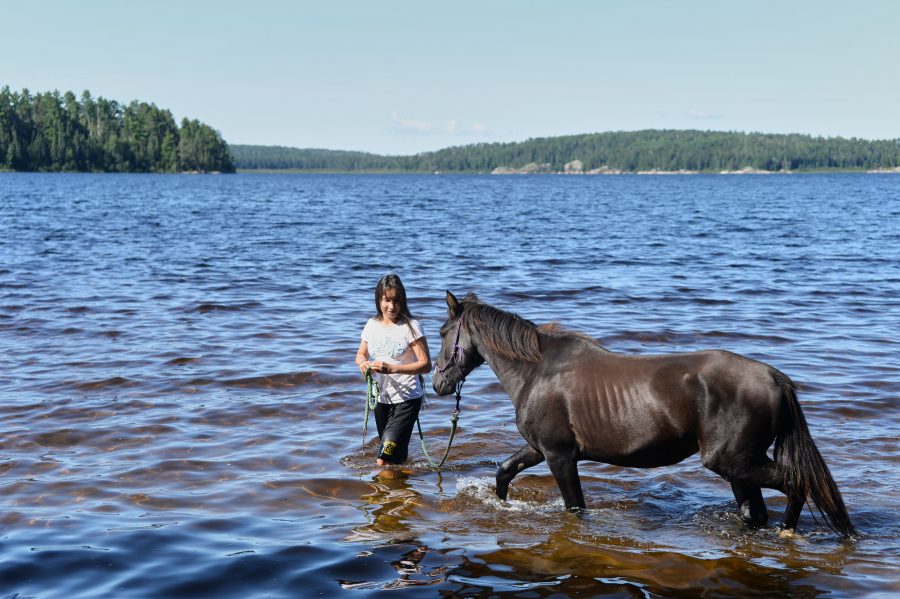 girl leading horse through water