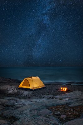 shoreline tent, starry skies