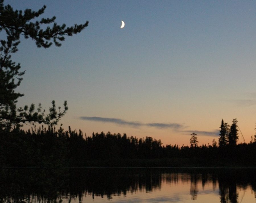 A less than half fun moon high above a forested lake with blues and pinks in a softly clouded sky
