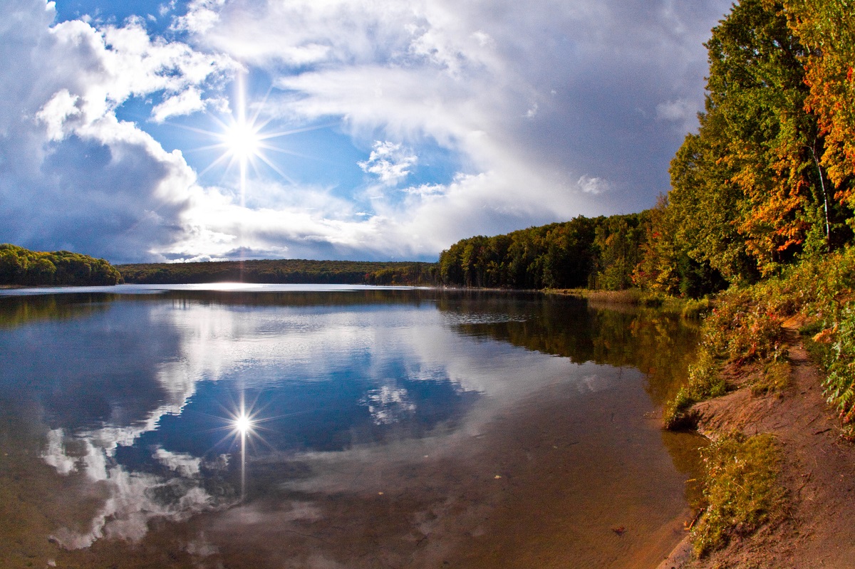 Un lac adjacent à une forêt où les feuilles changent de couleur, le tout sous un ciel bleu et un soleil brillant