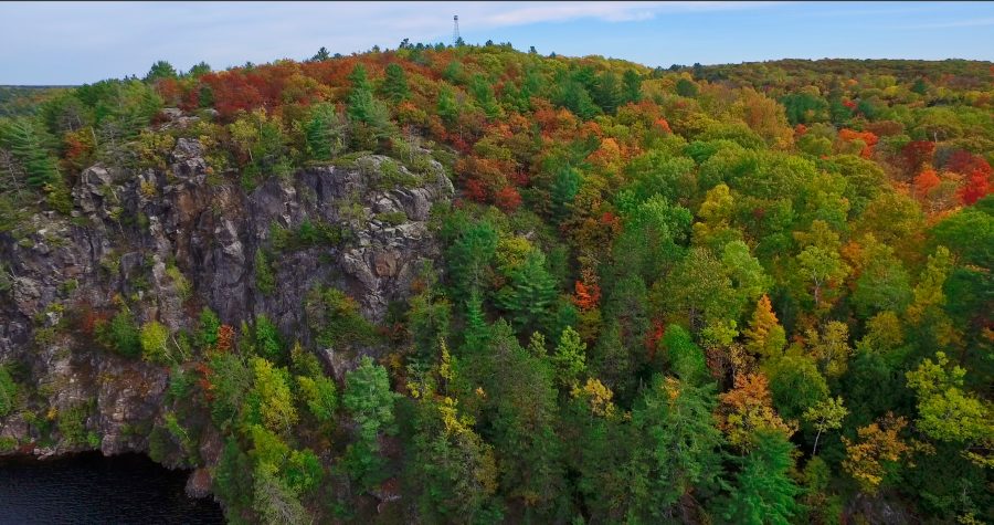 bluff covered in fall foliage at Restoule