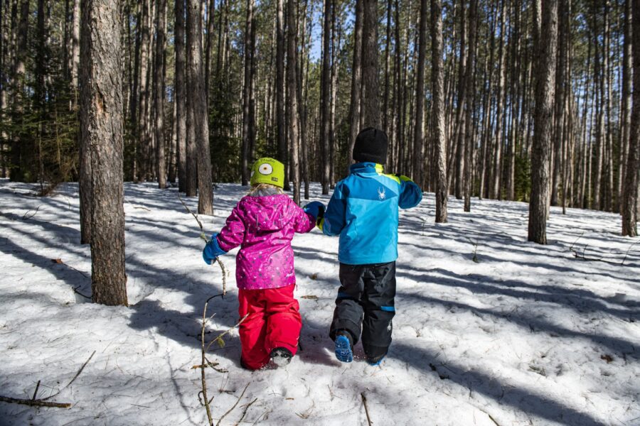 Two children in snowsuits facing away from the camera, walking through a snowy forest