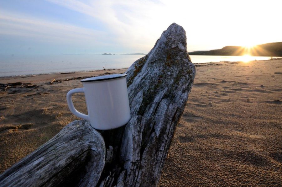 Tea cup on driftwood with sunrise on beach in back