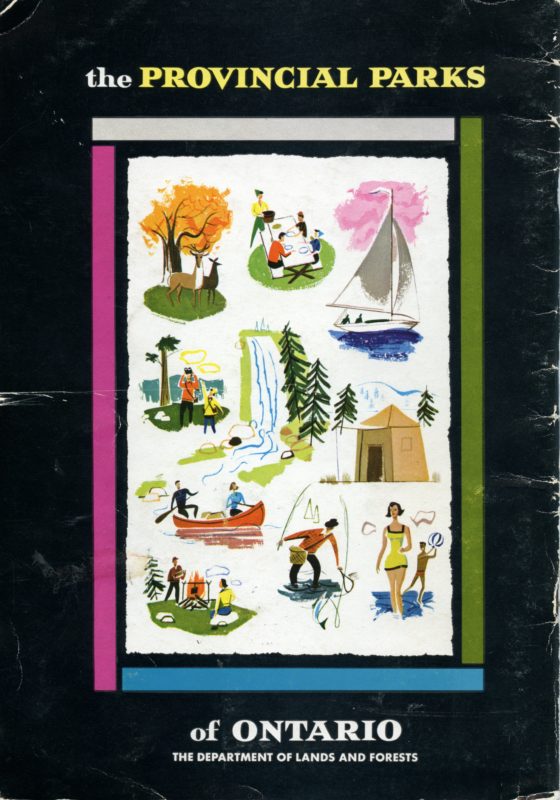 black booklet with pictures of activities entitled "The Provincial Parks of Ontario"