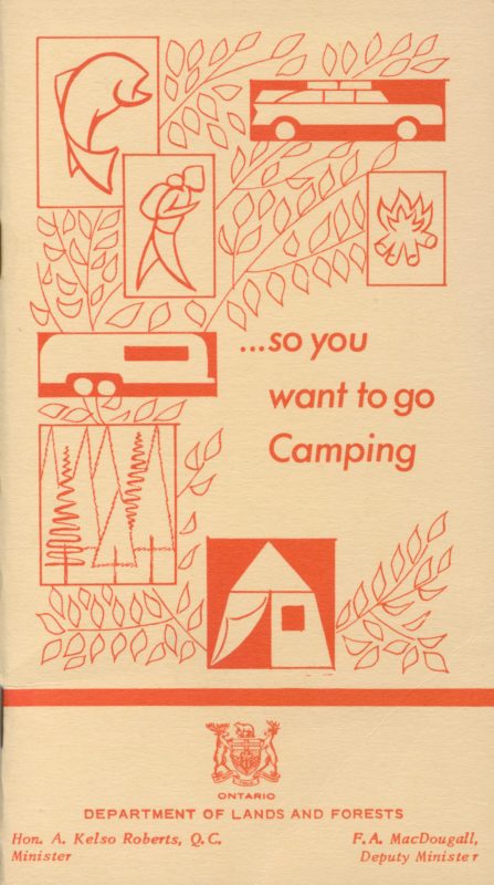 tan booklet with orange line drawings "So you want to go camping"