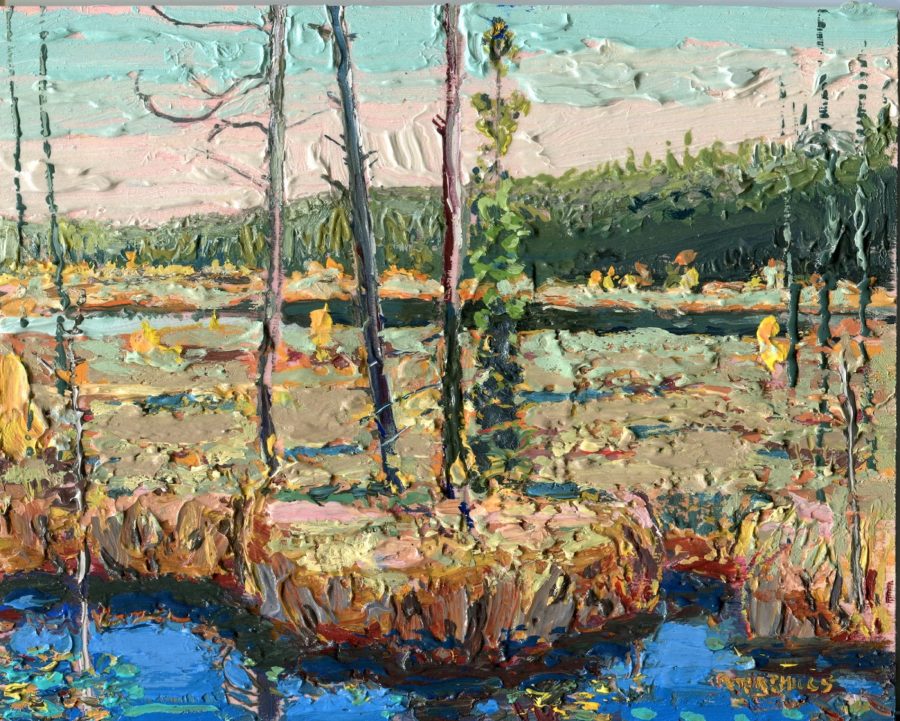 Peinture à l’huile d’un marais et d’une forêt en arrière-plan