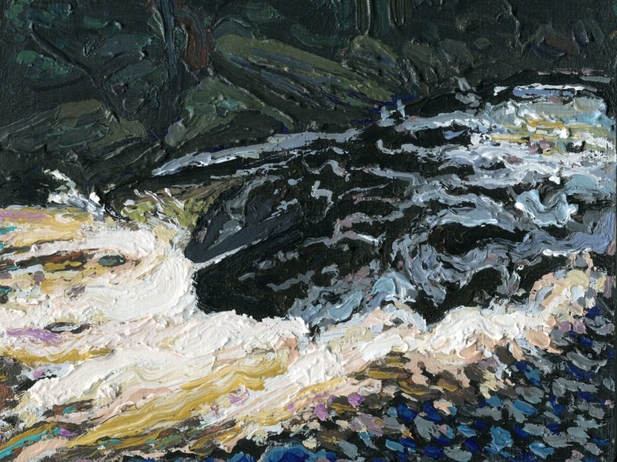 Peinture à l’huile d’une rivière avec des rapides, en gros plan