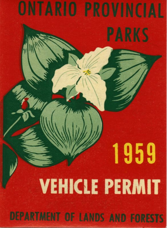 Bright red background with a stylized trillium illustrated in the foreground in colour (green leaves, white blossom). Text: Ontario Provincial Parks, 1959, Vehicle Permit, Department of Lands and Forests