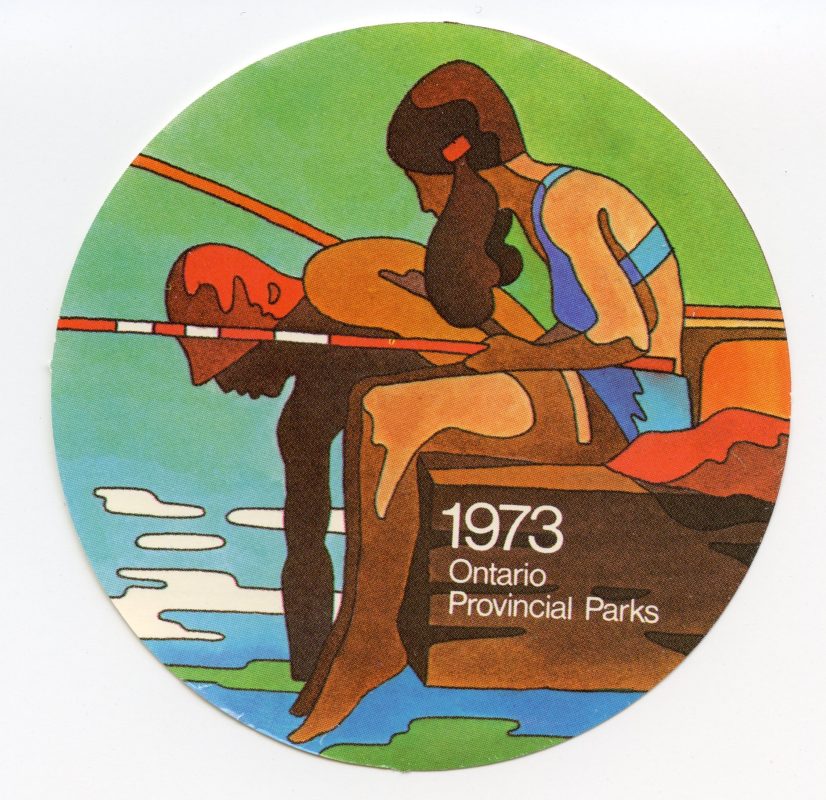 Circular image of an illustrated dock scene, with two kids fishing off the end of the dock. Text states : "1973, Ontario Provincial Parks"
