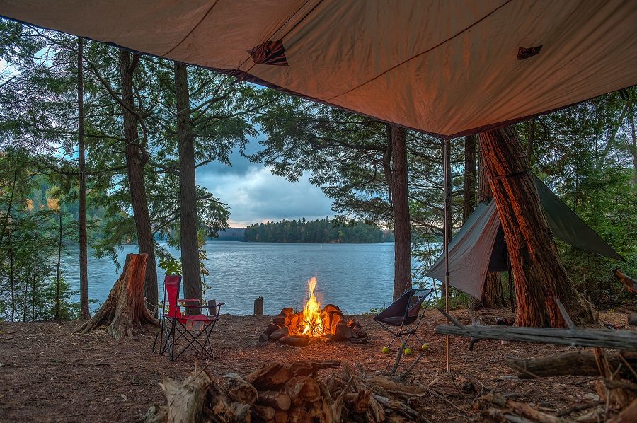 backcountry campsite with campfire