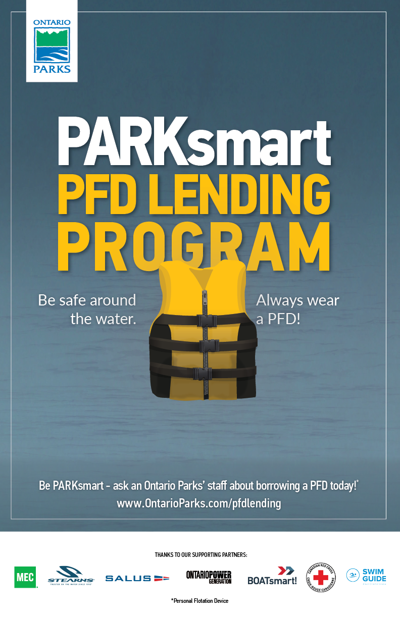 PARKsmart poster. Image of PFD. Text: PARKsmart PFD Lending Program. Be safe around the water. Always wear a PFD! Ontarioparks.com/pfdlending. Partner logos