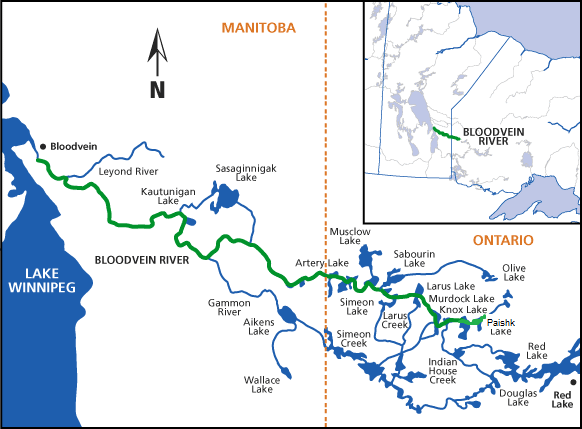 Carte de la rivière Bloodvein et ses affluents qui s'étendent du lac Winnipeg jusqu'au Nord-Ouest de l'Ontario. 