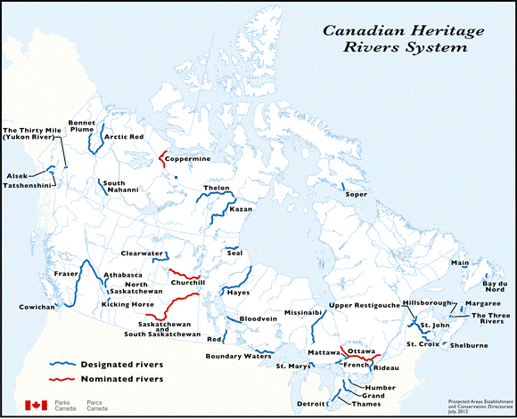 Carte des emplacements du Réseau des rivières du patrimoine canadien.