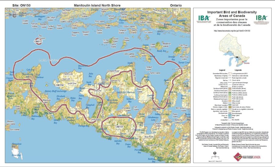 Carte de l’île Manitoulin – les ZICO sont encerclées en rouge
