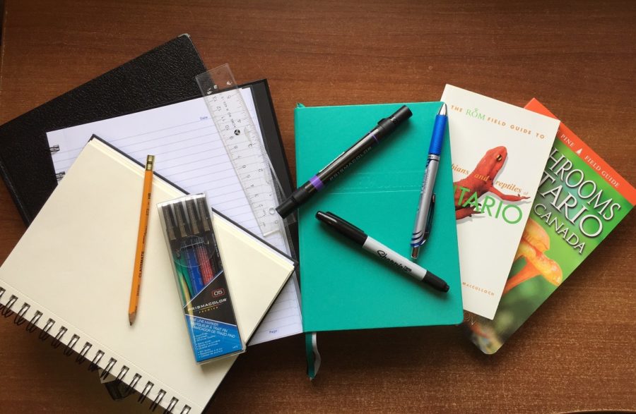 photo de différents types de carnets et de crayons, de guides et d’une règle