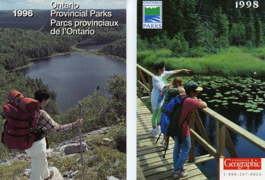 Image shows two park passes, one from 1996 and one from 1998. First shows a person looking out from a high place over a lake, and the text states "1996 Ontario Provincial Parks Parcs provinciaux de l'Ontario" and the 2nd shows three kids looking out over a pond and wetland from a bridge. The Ontario Parks logo is in the top left corner and the National Geographic logo is in the bottom right corner. The year is 1998. 