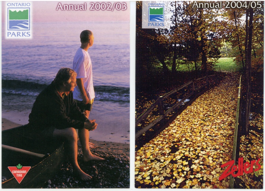 Split image with two park passes, both displaying the Ontario Parks logo. The first image is of an adult man, sitting on a beached boat, looking out over a lake at sunset with a younger male. Text states "annual 2002/03" and there is a Canadian Tire logo in the bottom left corner. The second is an autumn scene of a bridge in a forest with many orange and brown coloured leaves on it, and a Zellers logo in the bottom right corner. Text states "Annual 2004/05" 