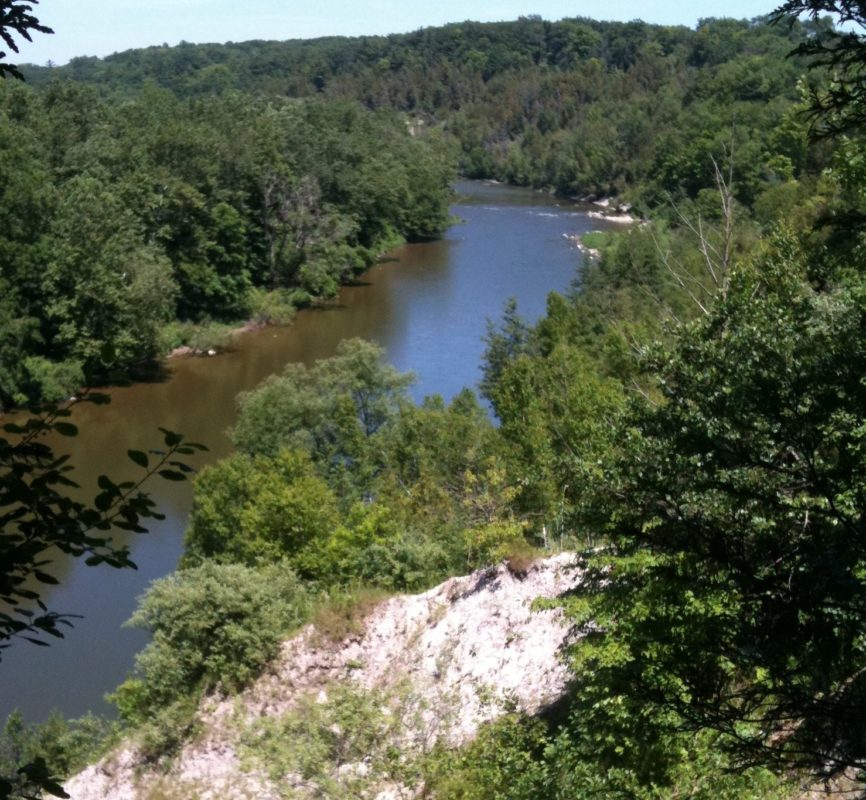 Une photo d’une rivière traversant une forêt de feuillus vue d’en-haut