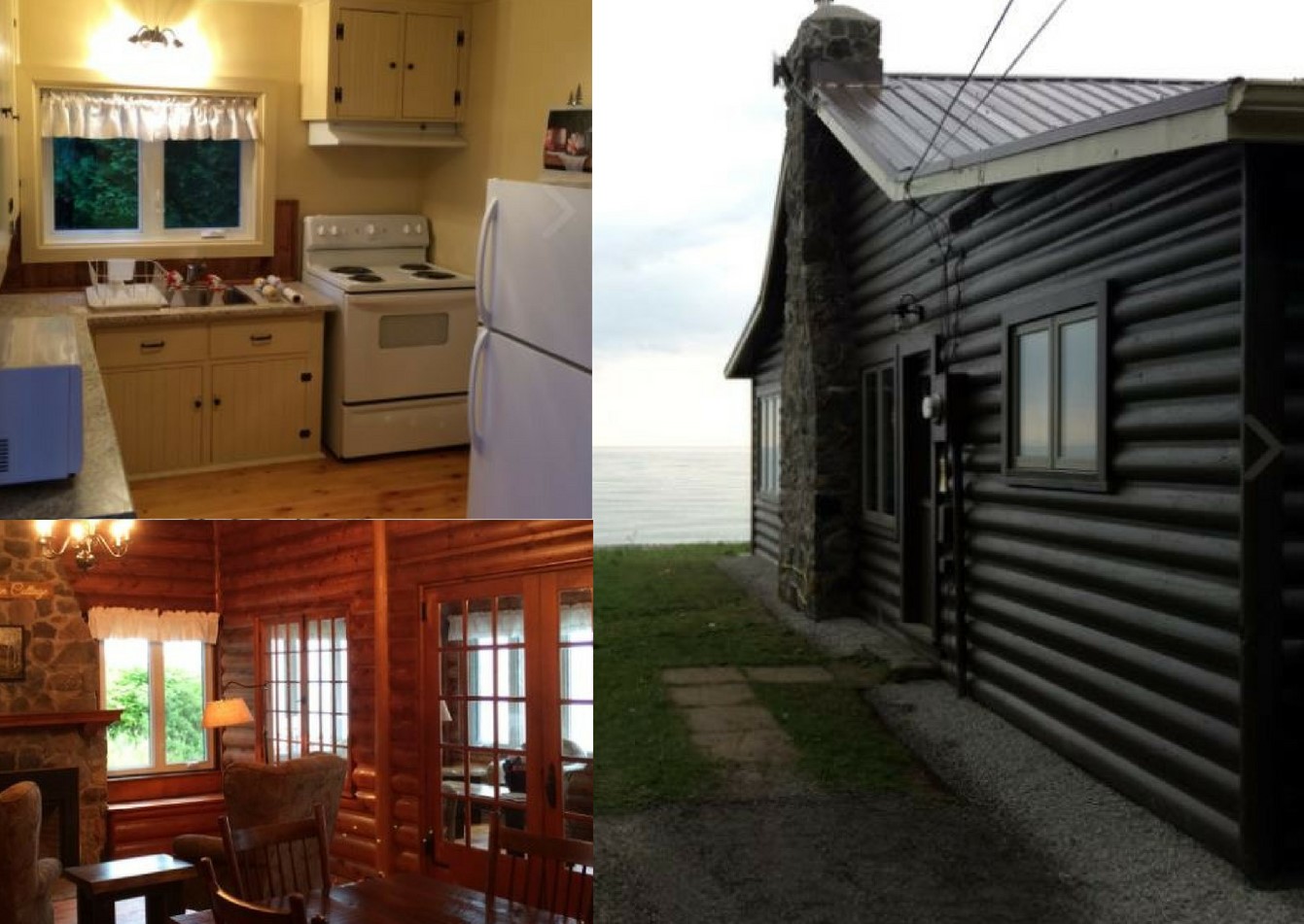 Trois photos comprenant une photo de la cabine au bord de l’eau, une de la ravissante cuisine jaune et une de la salle de séjour à l’intérieur en bois.
