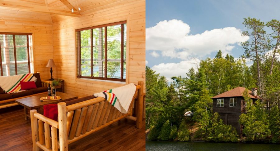 Dual pic: first photo of beautiful, bright cabin interior and 2nd photo is of brown cabin exterior right on the water