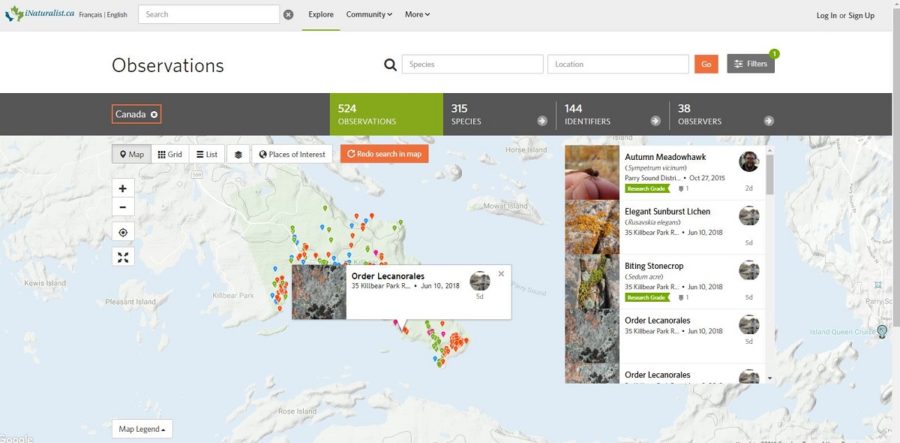 Capture d’écran du projet du parc provincial Killbear sur le site Web iNaturalist. L’image montre une carte du parc et l’endroit où les espèces ont été trouvées dans le parc.