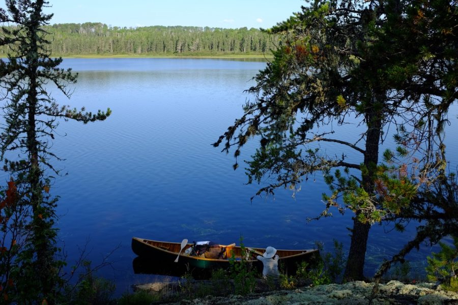 View from campsite, royal blue lake with forest beyond