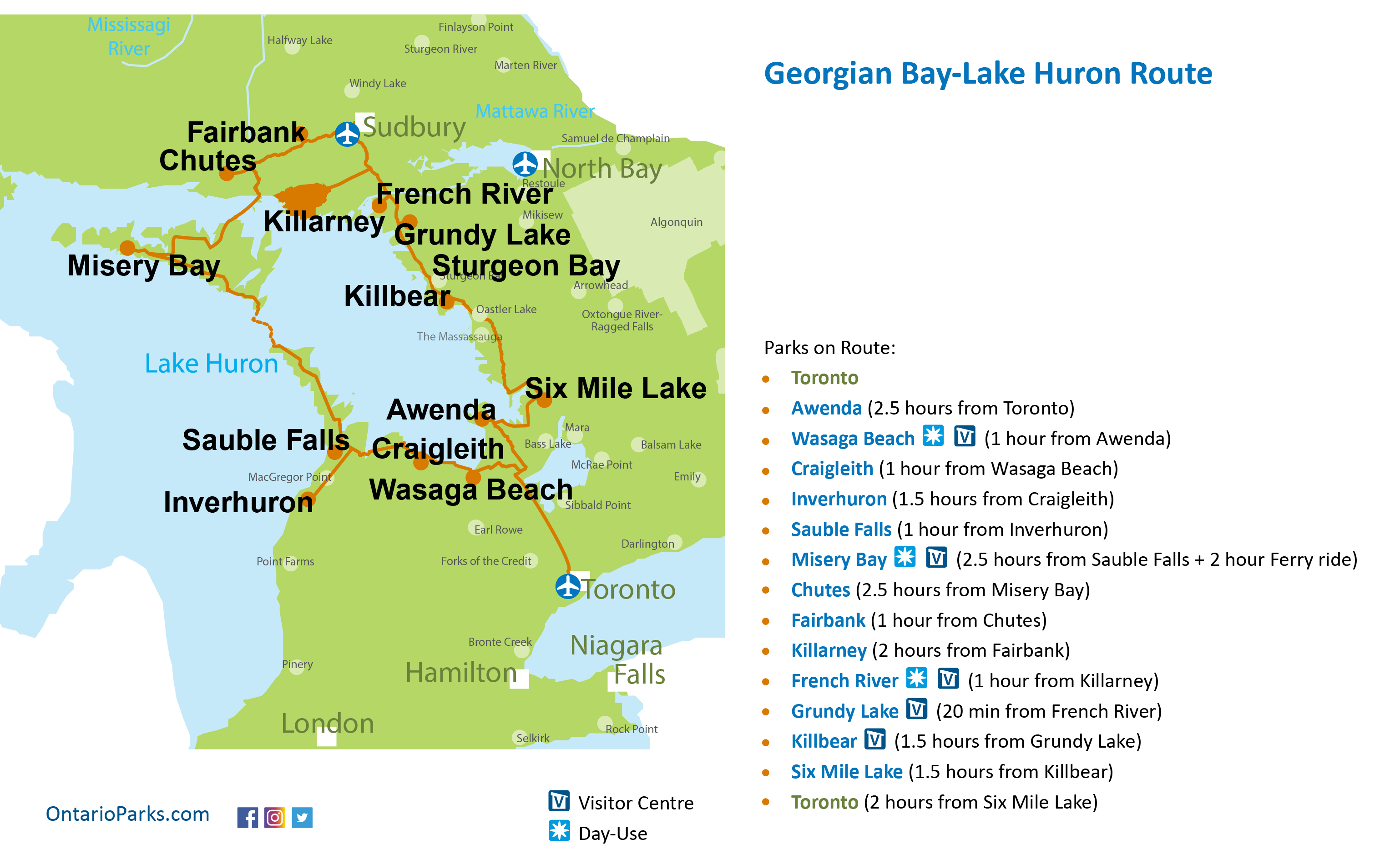 An illustrated driving route map highlighting a route around the south and east side of Lake Huron