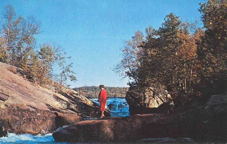 Chutes sur des roches à l’automne et une femme portant une jupe et un blazer rouges debout près des chutes et regardant en bas