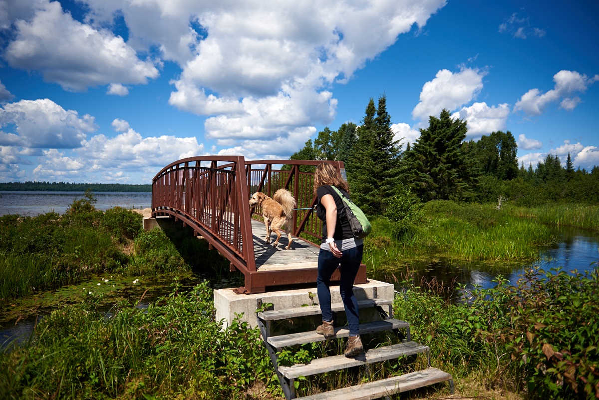 Femme traversant un pont avec un chien.