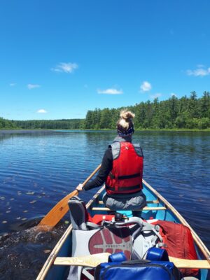 Picture taken from the back half of a canoe, with a person sitting in the front seat, facing forward, paddling. In the middle of the canoe are gear bags. It is a sunny, clear day.