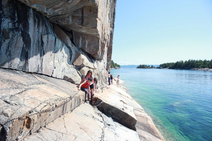 Lake Superior pictograph site (cliffs plunging into aqua water) on a sunny, clear day
