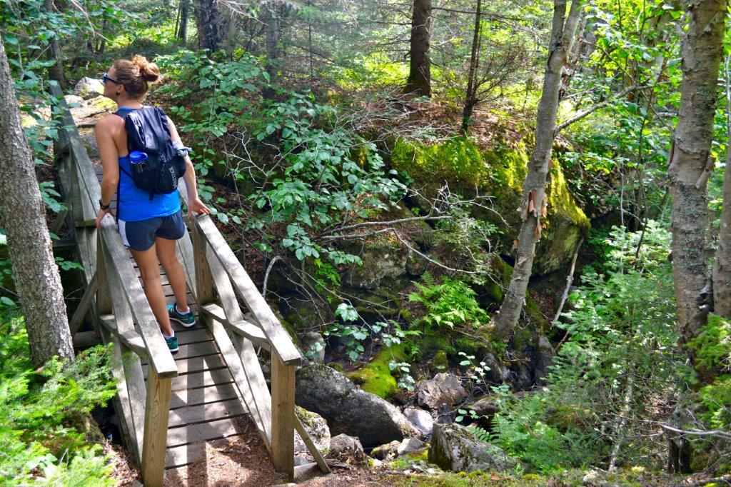 Woman in a blue tank top, standing on a narrow bridge that is crossing a creek in the forest