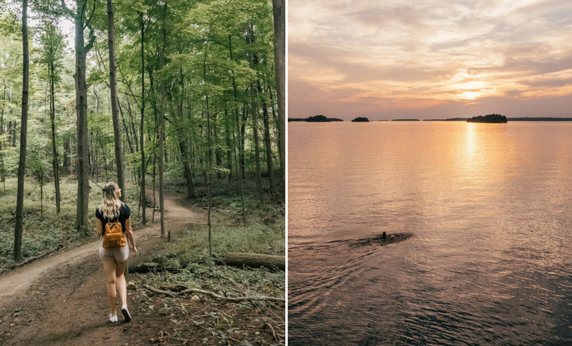 Collage of woman on trail and swimming at sunset