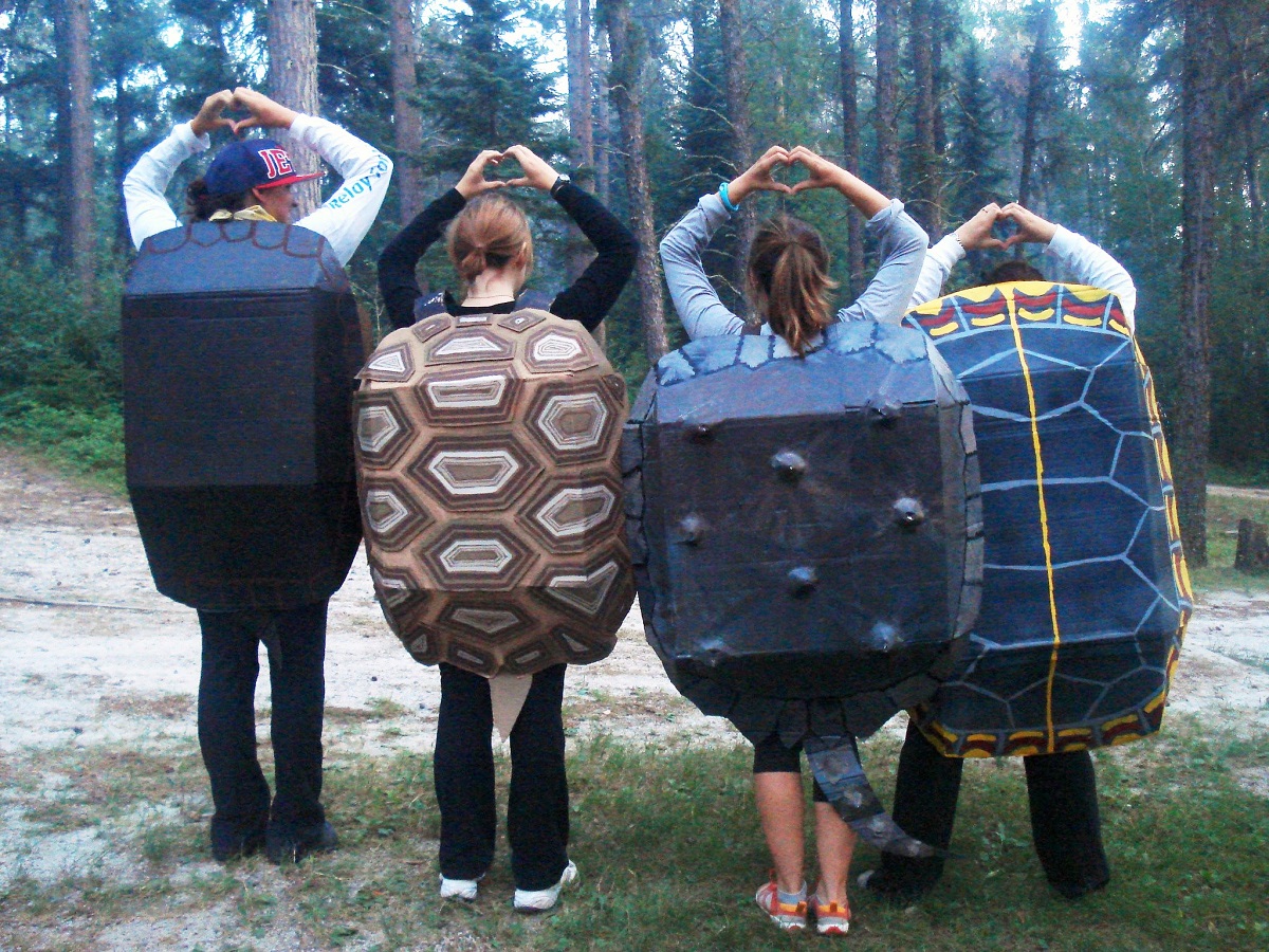 Four people lined up with painted cardboard turtle shells on their backs