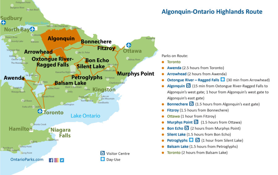 Carte de l’itinéraire des hautes terres Algonquin-Ontario