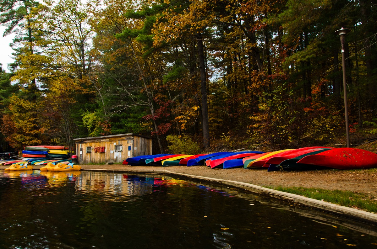 Line of canoes on a shore in the autumn