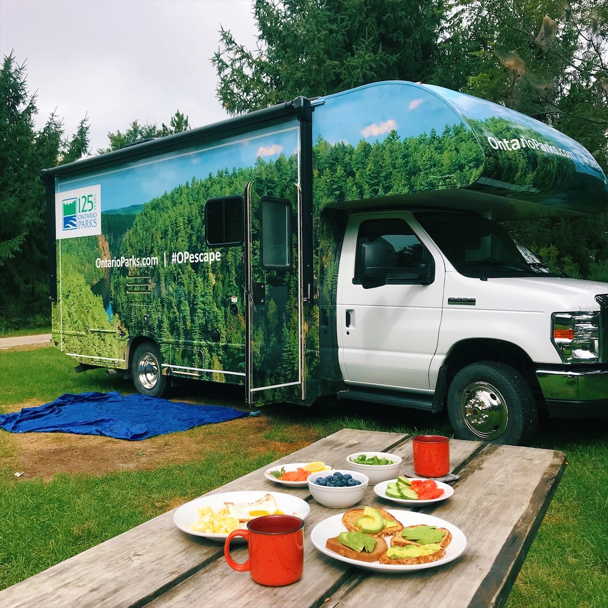 Wrapped RV on a campsite in the background of a delicious healthy meal on a picnic table