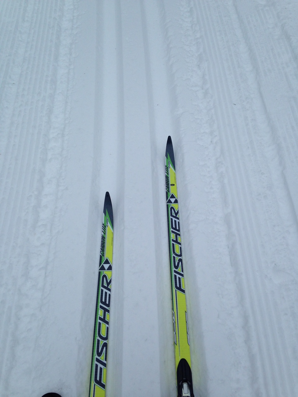 Deux skis sur une piste damée.