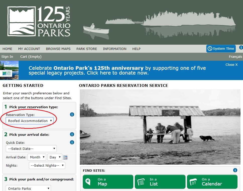 Website screen grab with red circle around the reservation type 