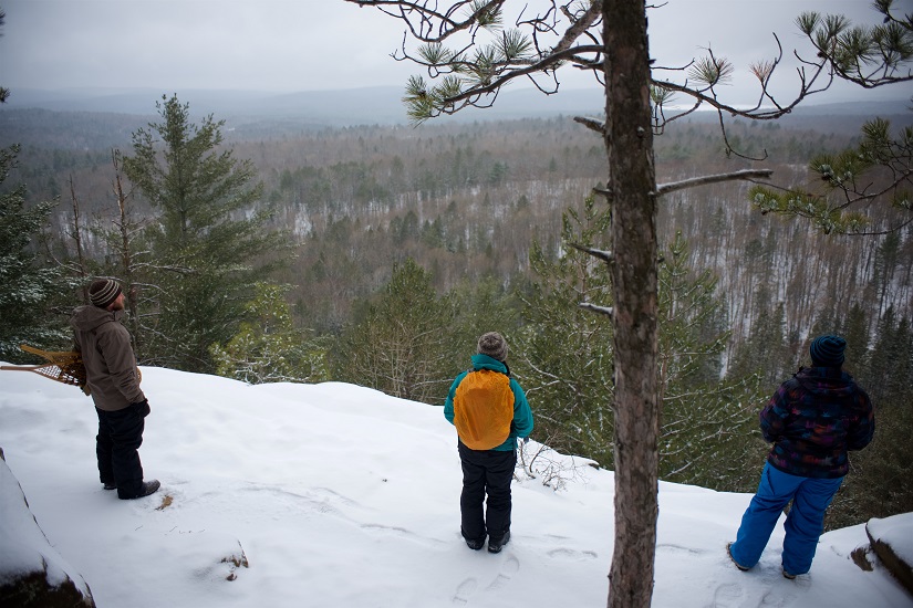Groupe de trois personnes observant le paysage hivernal.