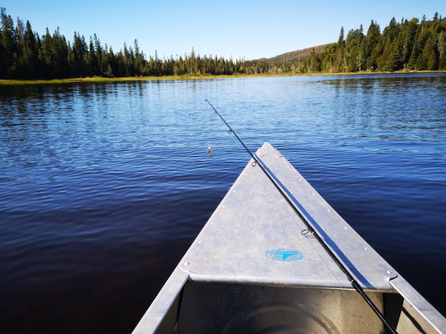 tip of canoe in water with fishing rod