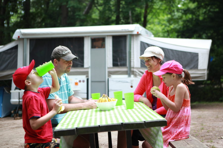 family sitting at picnic table drinking from cups and eating fruit